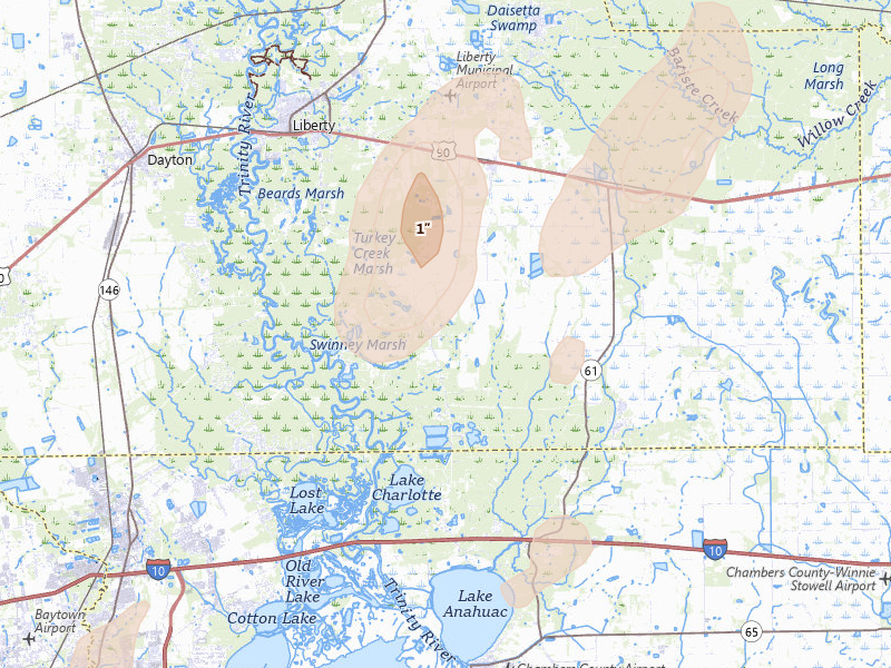 Radar-estimated hail-size map of the storm over Liberty, TX on Jul 22, 2026
