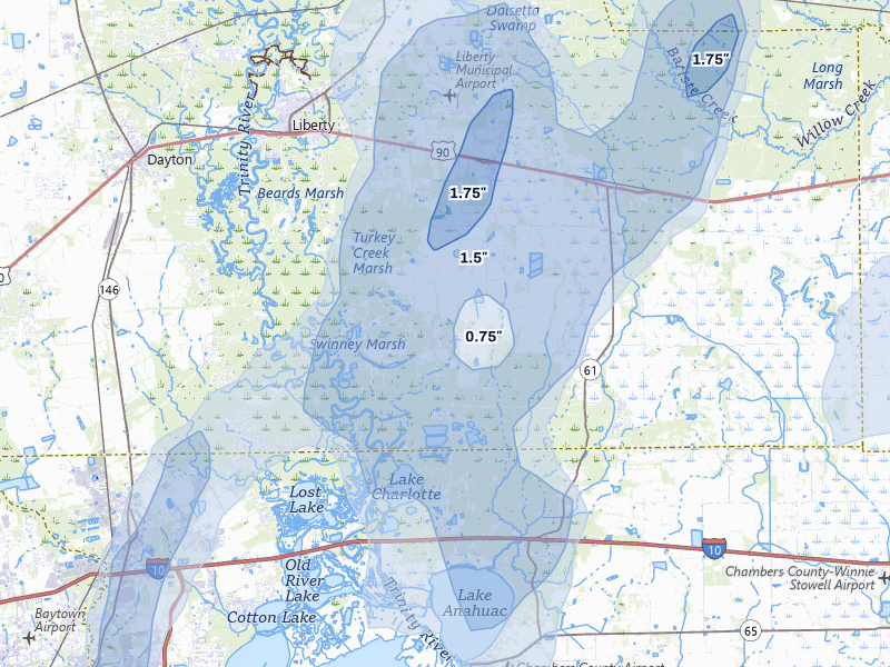 NEXRAD radar-signature map of the hail storm over Liberty, TX on Jul 22, 2026