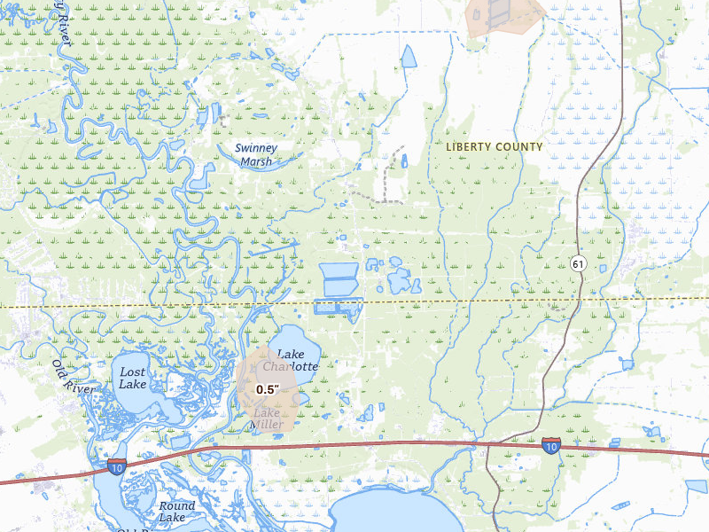 Radar-estimated hail-size map of the storm over Liberty, TX on Aug 27, 2026