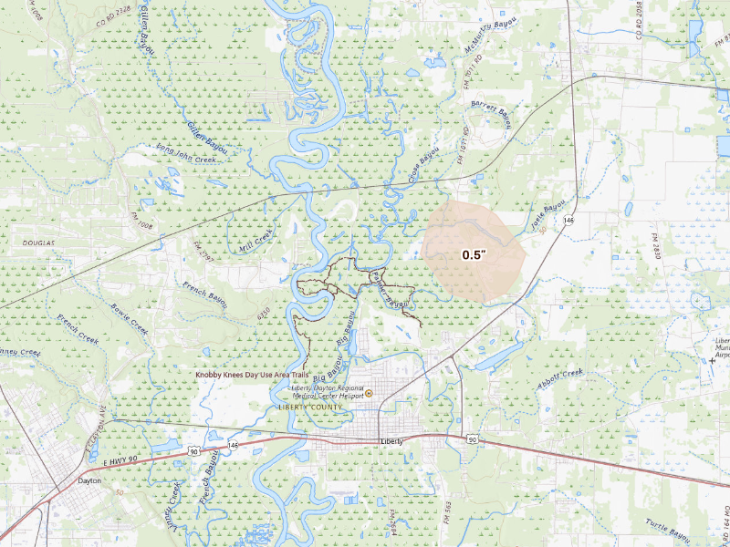 Radar-estimated hail-size map of the storm over Liberty, TX