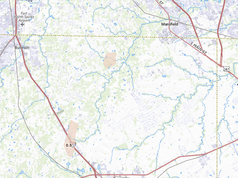 Radar-estimated hail-size map of the storm over Lillian, TX on Mar 10, 2026