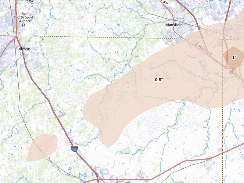 Radar-estimated hail-size map of the storm over Lillian, TX on Jun 6, 2026