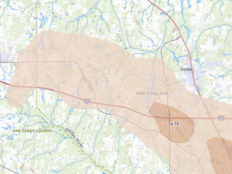 Radar-estimated hail-size map of the storm over Lindale, TX on Mar 15, 2026