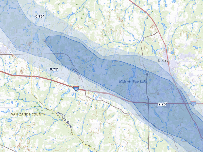 NEXRAD radar-signature map of the hail over Lindale, TX