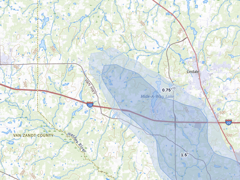 NEXRAD radar-signature map of the hail over Lindale, TX