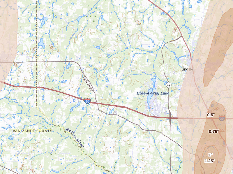 Radar-estimated hail-size map of the storm over Lindale, TX on May 22, 2026