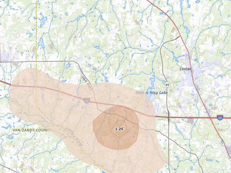Radar-estimated hail-size map of the storm over Lindale, TX on Jun 2, 2026