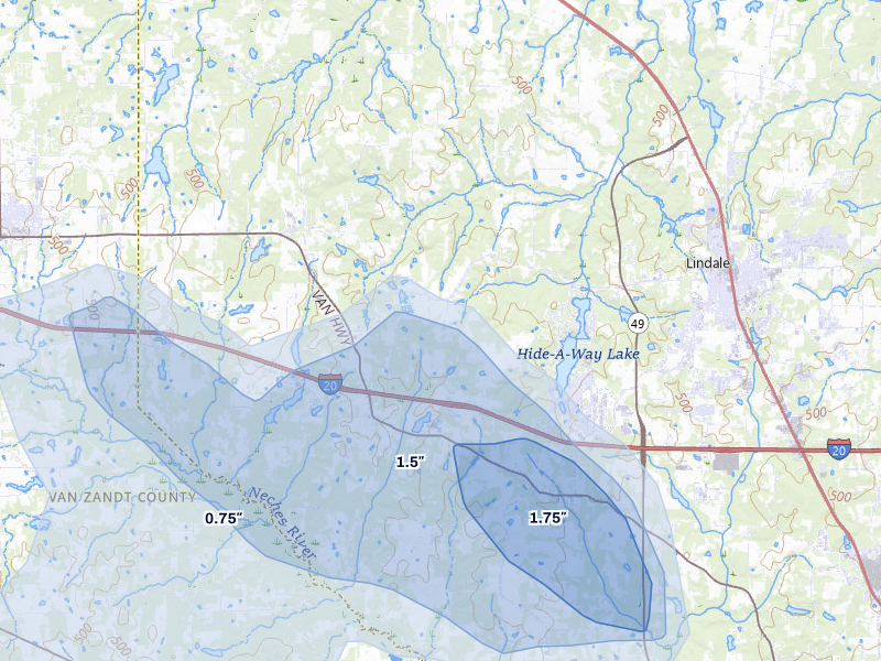 NEXRAD radar-signature map of the hail over Lindale, TX