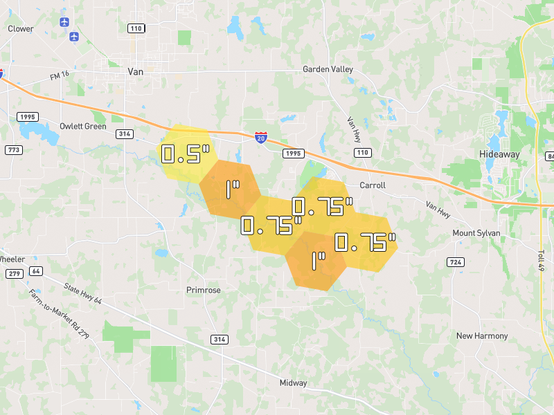 Hail map of Lindale, TX on Jun 2, 2026, hail up to 1"