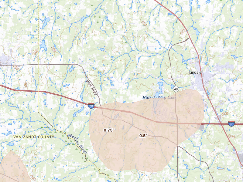 Radar-estimated hail-size map of the storm over Lindale, TX on Jul 5, 2026