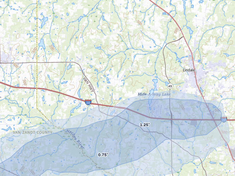 NEXRAD radar-signature map of the hail storm over Lindale, TX on Jul 5, 2026