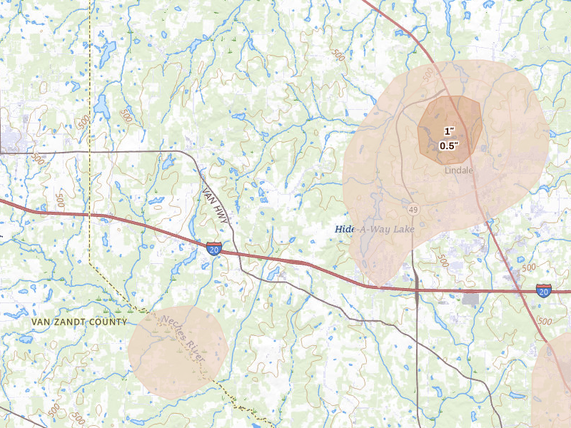 Radar-estimated hail-size map of the storm over Lindale, TX on Jul 7, 2026