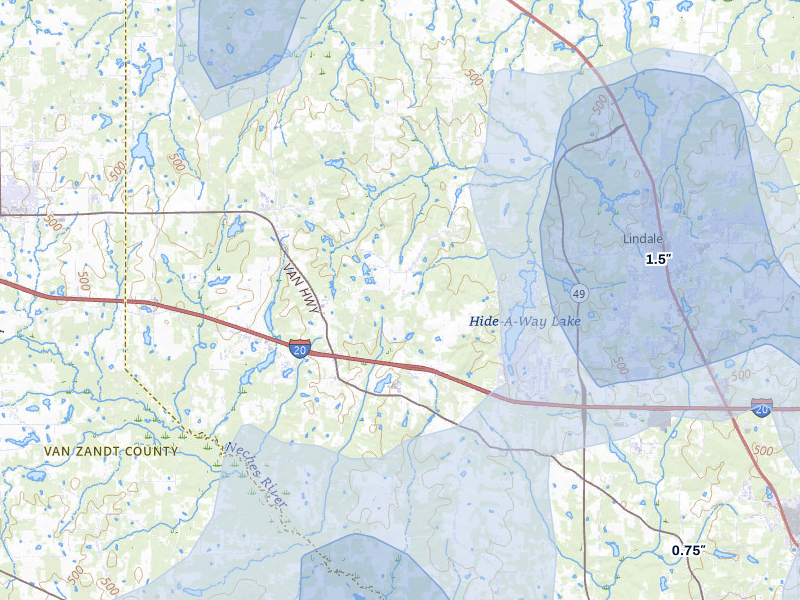 NEXRAD radar-signature map of the hail storm over Lindale, TX on Jul 7, 2026