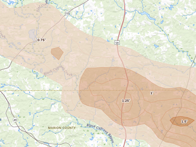 Radar-estimated hail-size map of the storm over Linden, TX on Mar 15, 2026