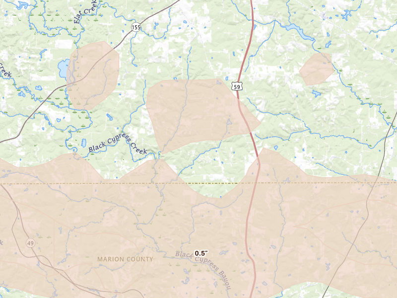 Radar-estimated hail-size map of the storm over Linden, TX on Apr 29, 2026