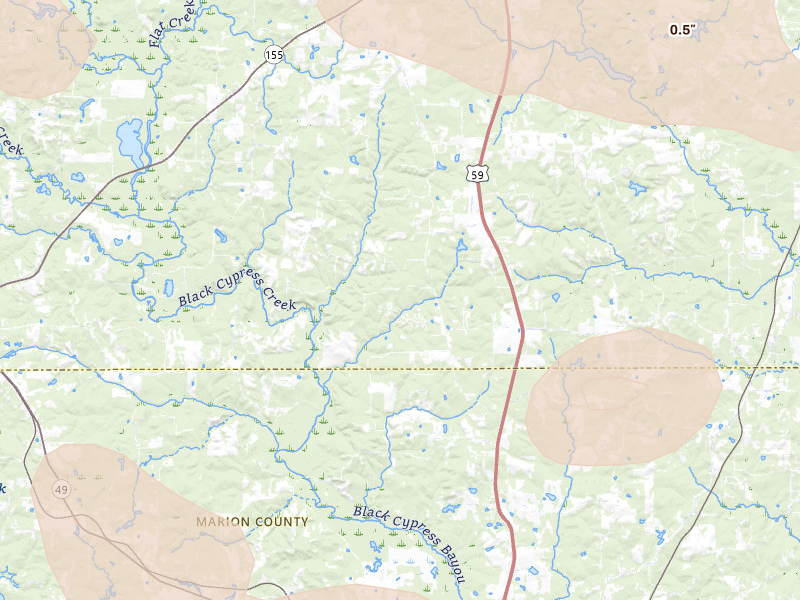Radar-estimated hail-size map of the storm over Linden, TX on Jul 6, 2026