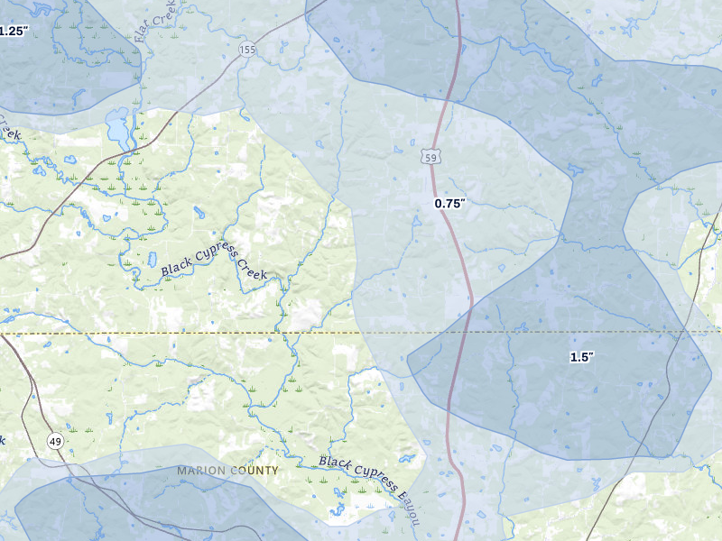 NEXRAD radar-signature map of the hail over Linden, TX