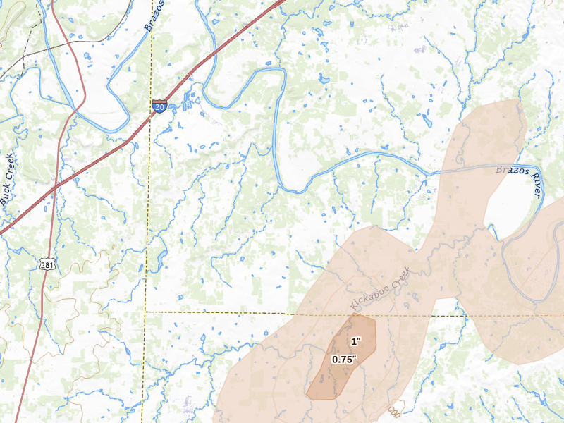Radar-estimated hail-size map of the storm over Lipan, TX on May 19, 2026