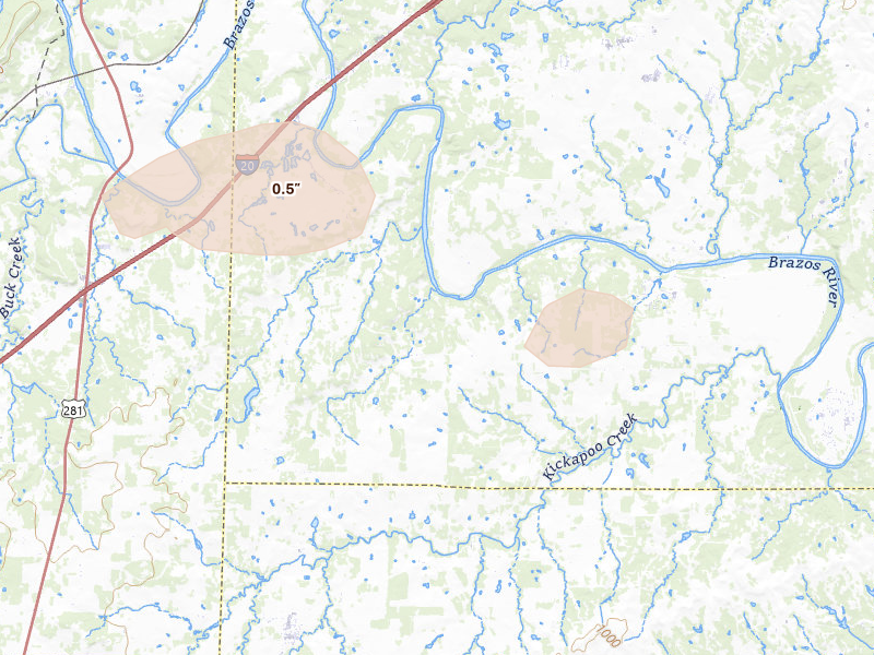 Radar-estimated hail-size map of the storm over Lipan, TX on Jun 2, 2026