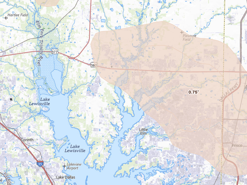 Radar-estimated hail-size map of the storm over Little Elm, TX on Jun 18, 2026