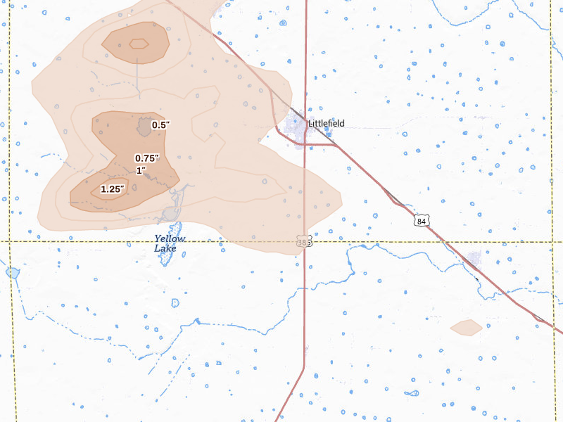 Radar-estimated hail-size map of the storm over Littlefield, TX on Apr 3, 2026