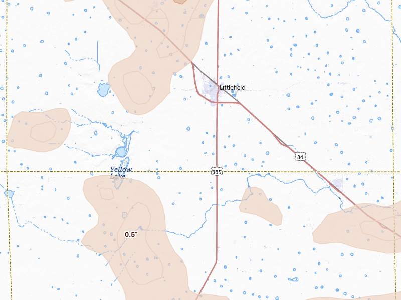 Radar-estimated hail-size map of the storm over Littlefield, TX on May 23, 2026