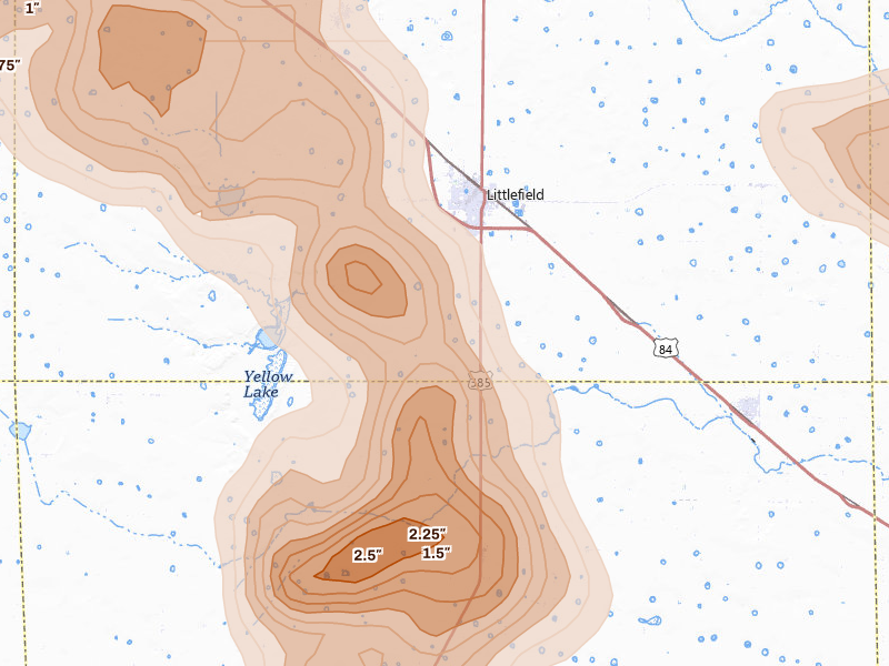 Radar-estimated hail-size map of the storm over Littlefield, TX on Jun 23, 2026