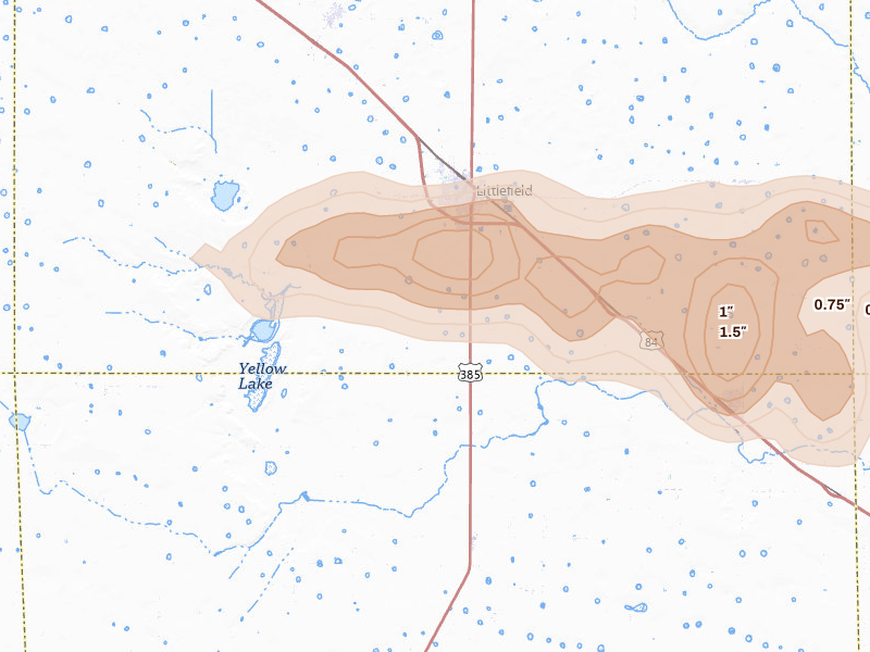 Radar-estimated hail-size map of the storm over Littlefield, TX on Jun 24, 2026