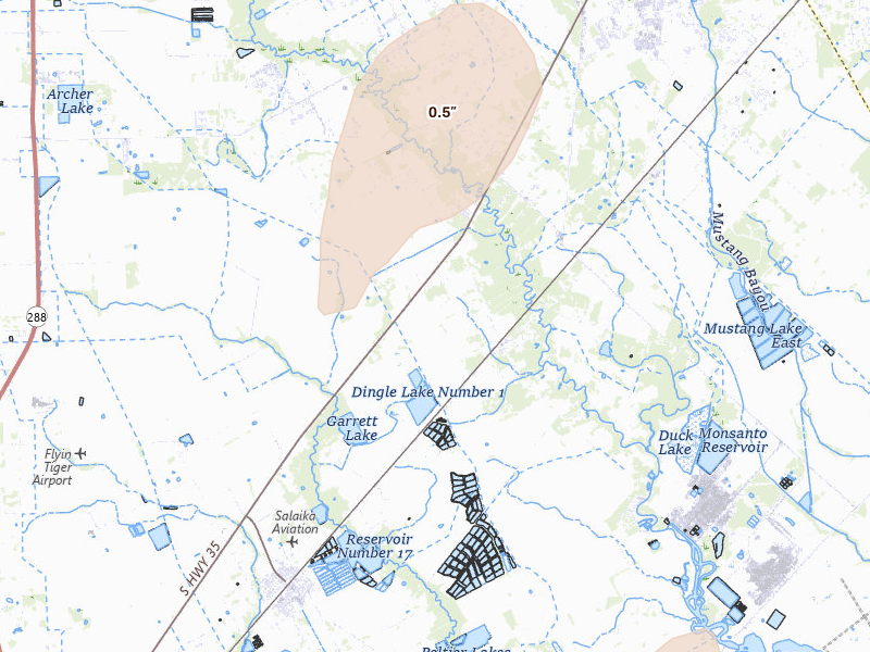Radar-estimated hail-size map of the storm over Liverpool, TX on May 22, 2026