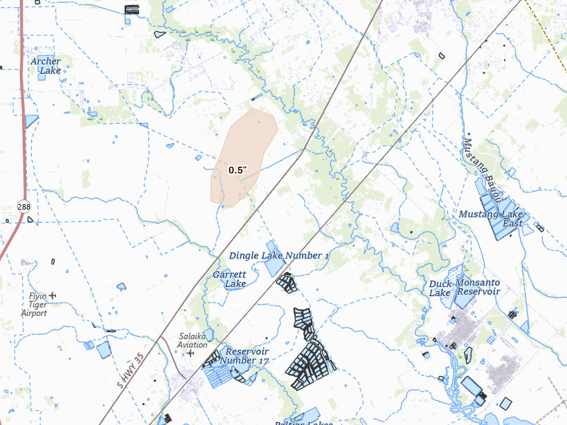 Radar-estimated hail-size map of the storm over Liverpool, TX on May 23, 2026