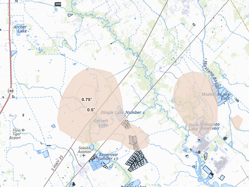 Radar-estimated hail-size map of the storm over Liverpool, TX on Aug 28, 2026