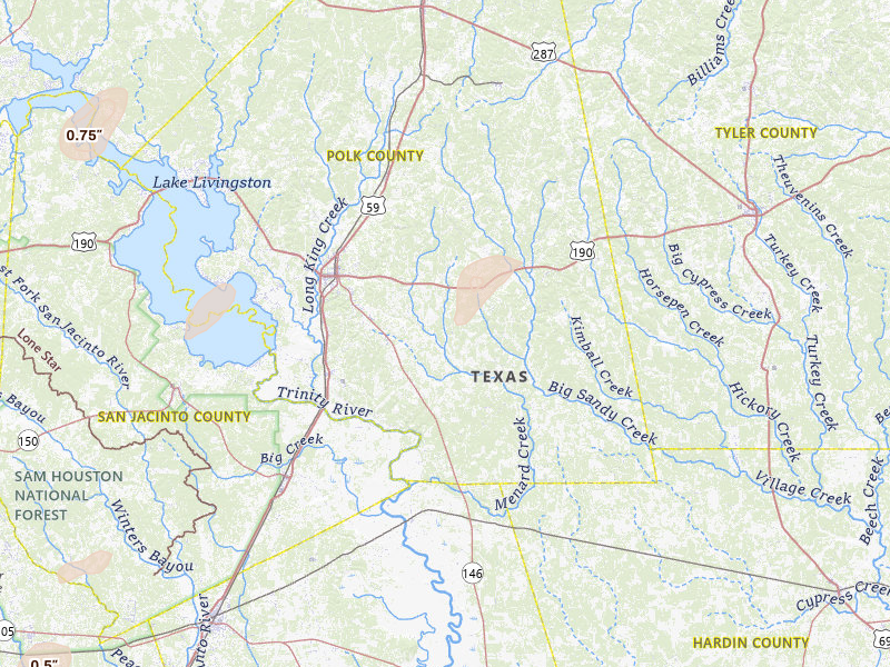 Radar-estimated hail-size map of the storm over Livingston, TX on Mar 7, 2026