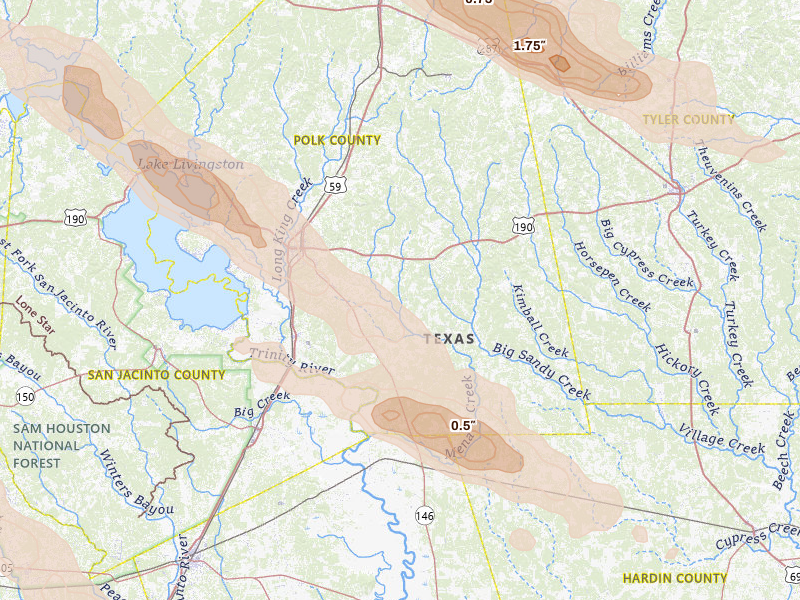 Radar-estimated hail-size map of the storm over Livingston, TX on Mar 15, 2026