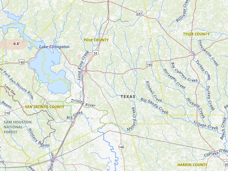 Radar-estimated hail-size map of the storm over Livingston, TX on Apr 30, 2026