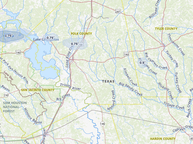 NEXRAD radar-signature map of the hail over Livingston, TX