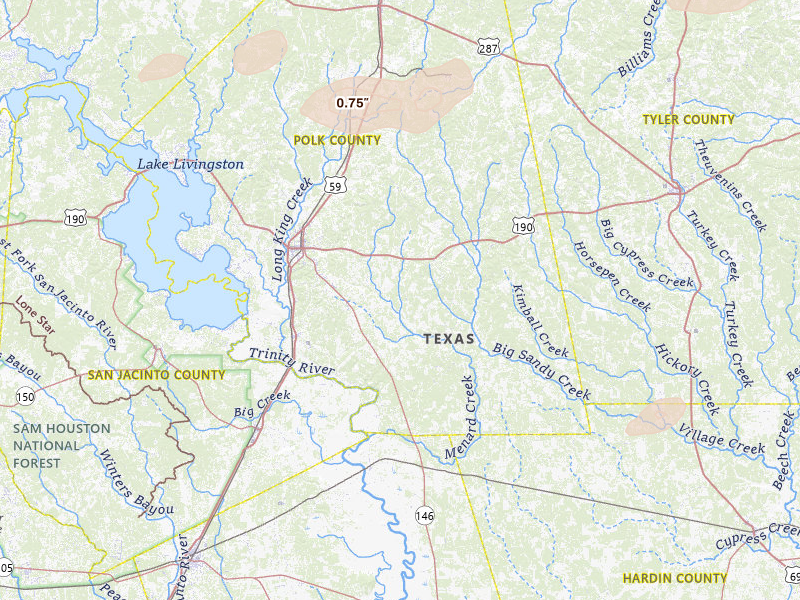 Radar-estimated hail-size map of the storm over Livingston, TX on May 8, 2026