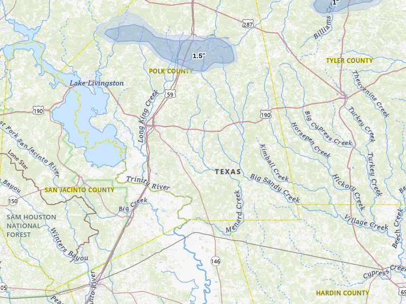 NEXRAD radar-signature map of the hail storm over Livingston, TX on May 8, 2026