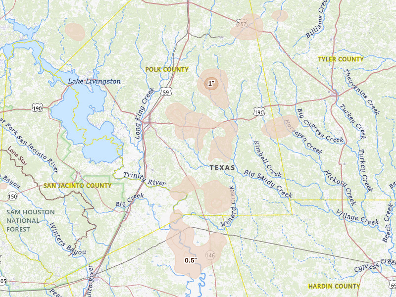 Radar-estimated hail-size map of the storm over Livingston, TX on May 10, 2026