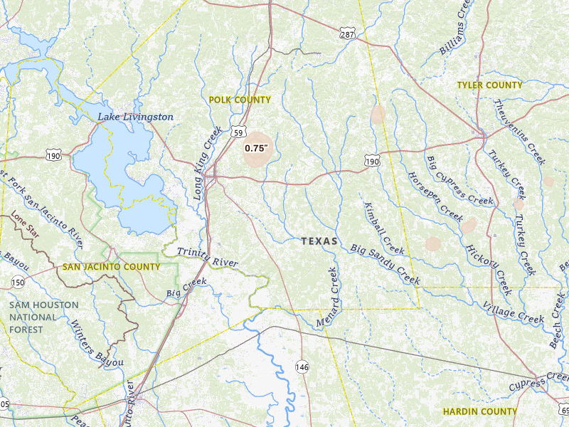 Radar-estimated hail-size map of the storm over Livingston, TX on Jul 5, 2026