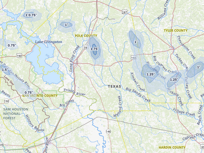 NEXRAD radar-signature map of the hail storm over Livingston, TX on Jul 5, 2026