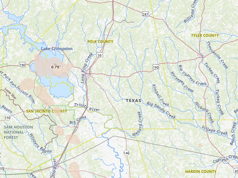 Radar-estimated hail-size map of the storm over Livingston, TX on Jul 7, 2026