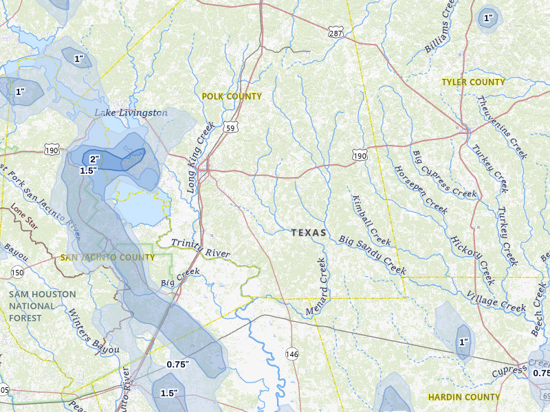 NEXRAD radar-signature map of the hail storm over Livingston, TX on Jul 7, 2026