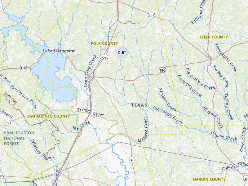 NEXRAD radar-signature map of the hail over Livingston, TX
