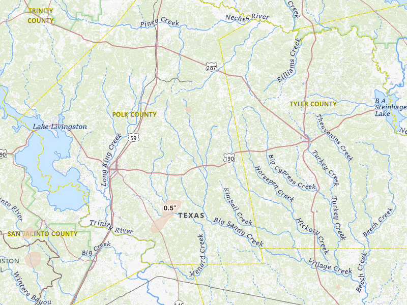 Radar-estimated hail-size map of the storm over Livingston, TX on Aug 22, 2026