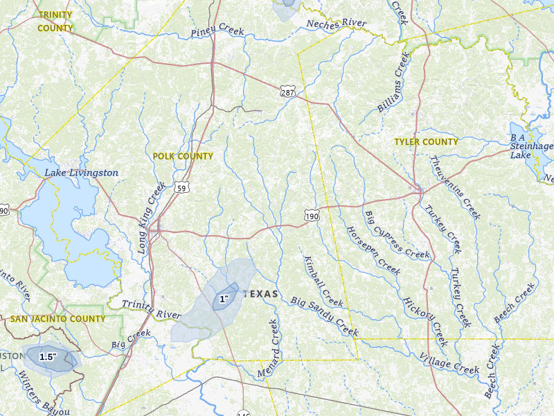 NEXRAD radar-signature map of the hail storm over Livingston, TX on Aug 22, 2026