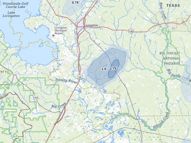 NEXRAD radar-signature map of the hail storm over Livingston, TX on Aug 27, 2026