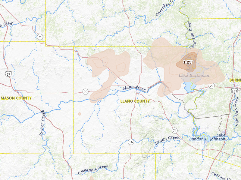 Radar-estimated hail-size map of the storm over Llano, TX on Mar 4, 2026