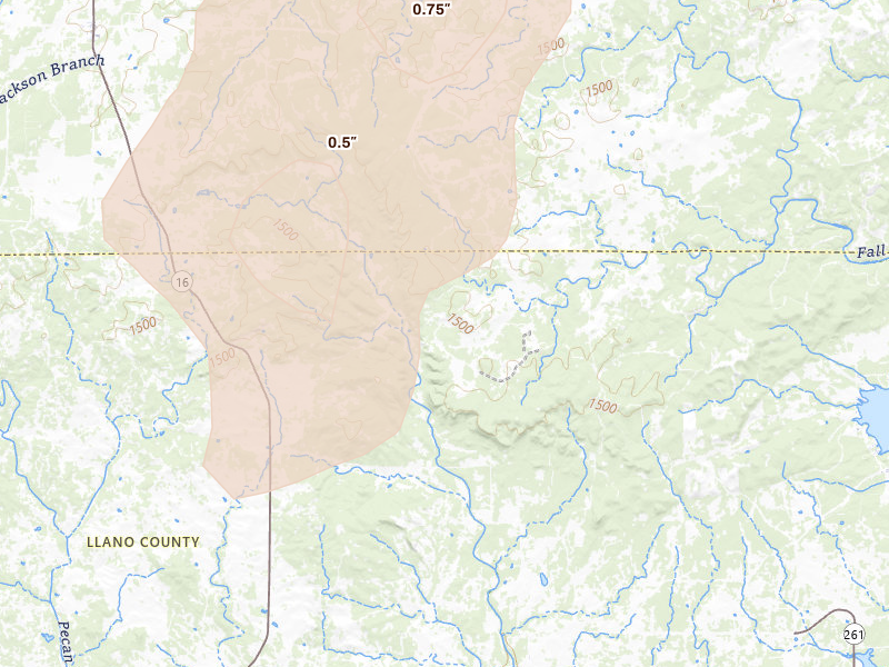 Radar-estimated hail-size map of the storm over Llano, TX on Mar 10, 2026