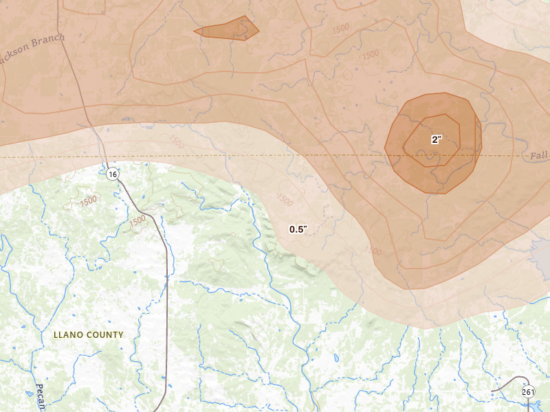 Radar-estimated hail-size map of the storm over Llano, TX on Apr 12, 2026