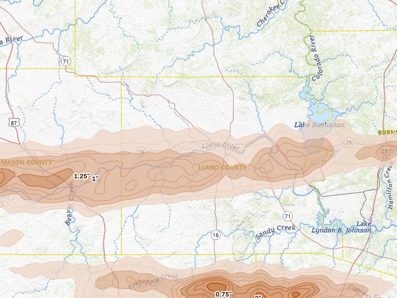 Radar-estimated hail-size map of the storm over Llano, TX on May 6, 2026